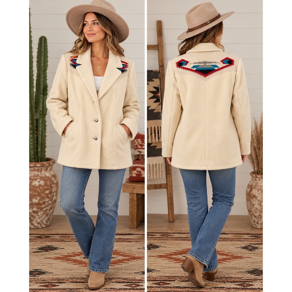 VTG Chimayo Style Coat Golden Pioneer Wear Cream Wool Jacket SZ 12 Southwestern